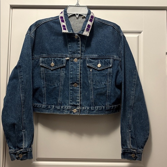 Upcycled Denim Embellished Handmade Jacket with Purple Accent Collar size M. - Picture 3 of 14